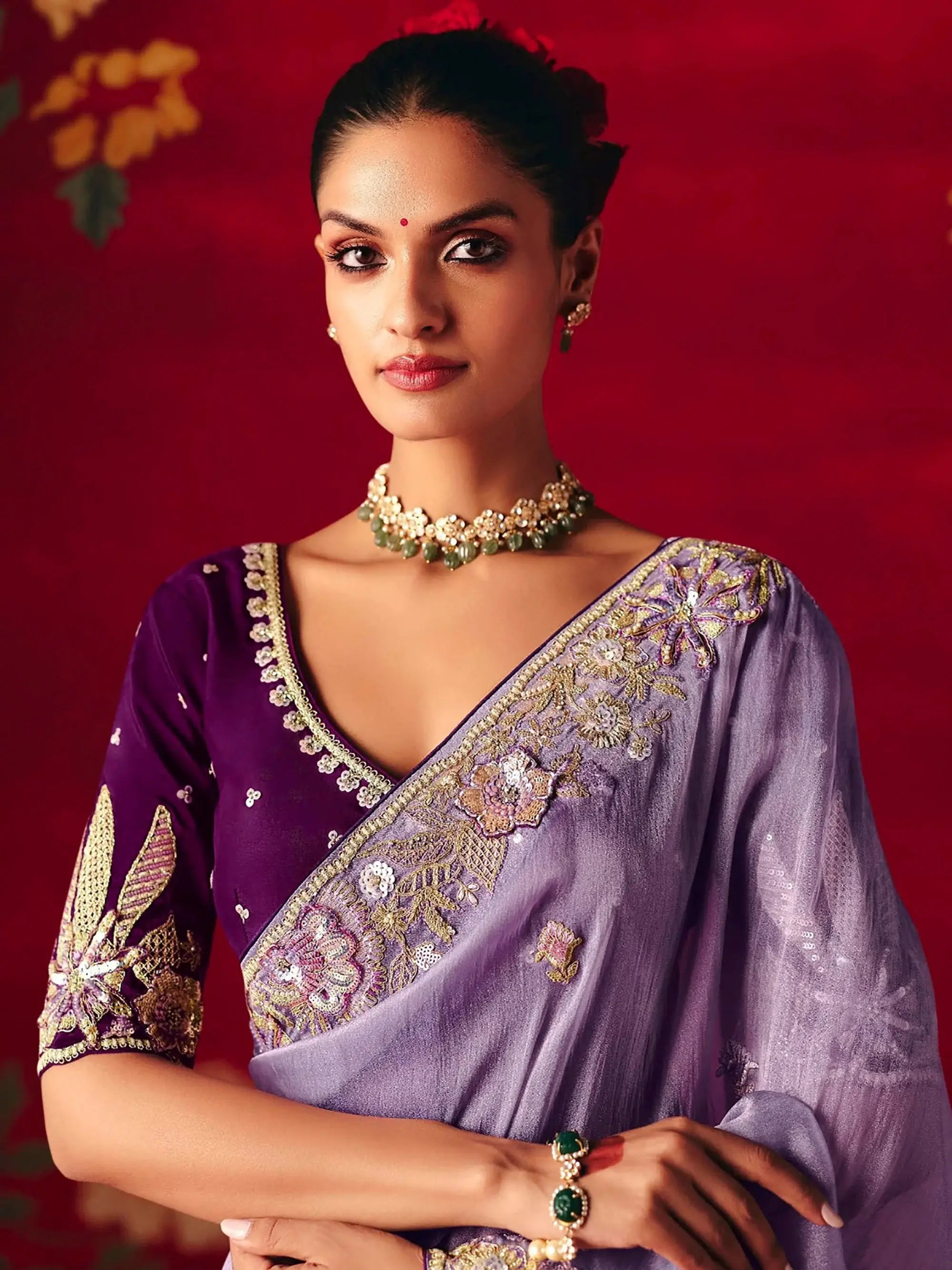 Glamorous Purple Embroidered Organza Wedding Wear Saree With Blouse