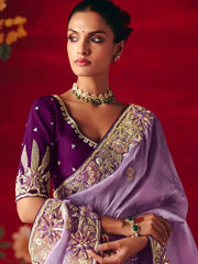 Glamorous Purple Embroidered Organza Wedding Wear Saree With Blouse