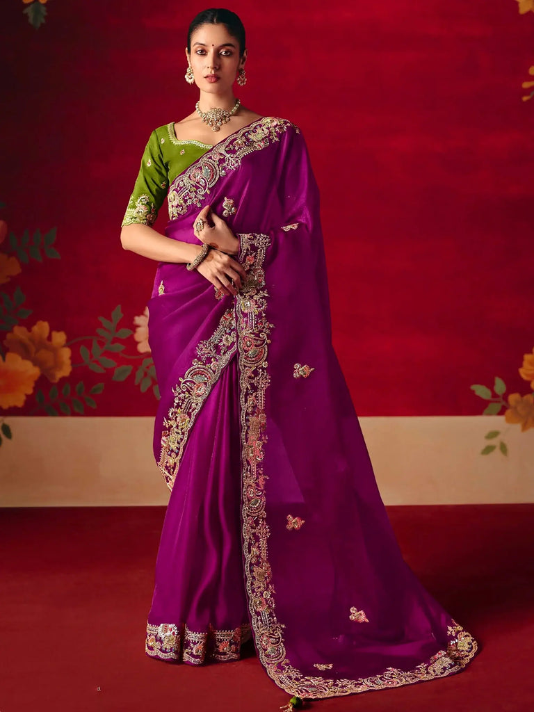Gorgeous Purple Embroidered Silk Festive Wear Saree With Blouse