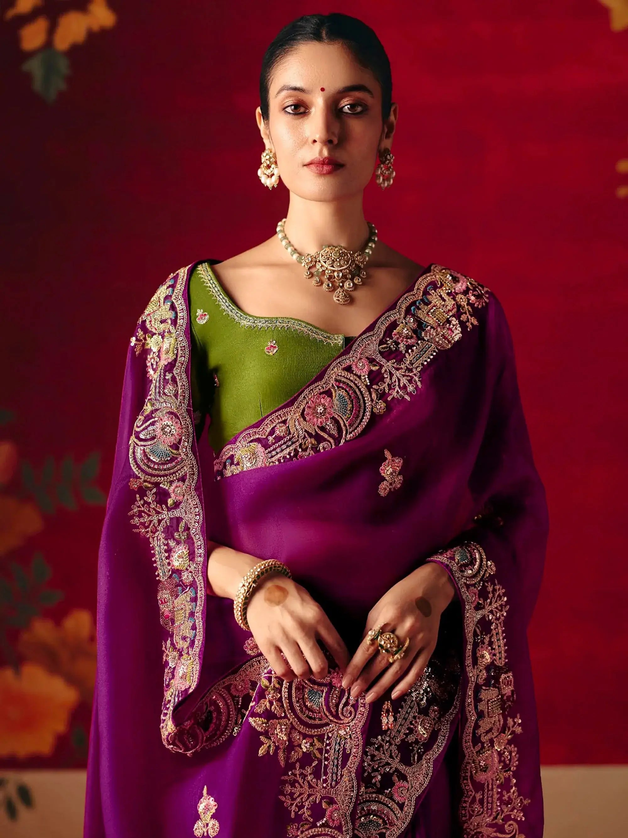 Gorgeous Purple Embroidered Silk Festive Wear Saree With Blouse