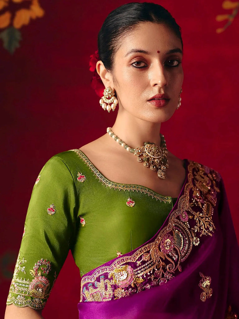 Gorgeous Purple Embroidered Silk Festive Wear Saree With Blouse