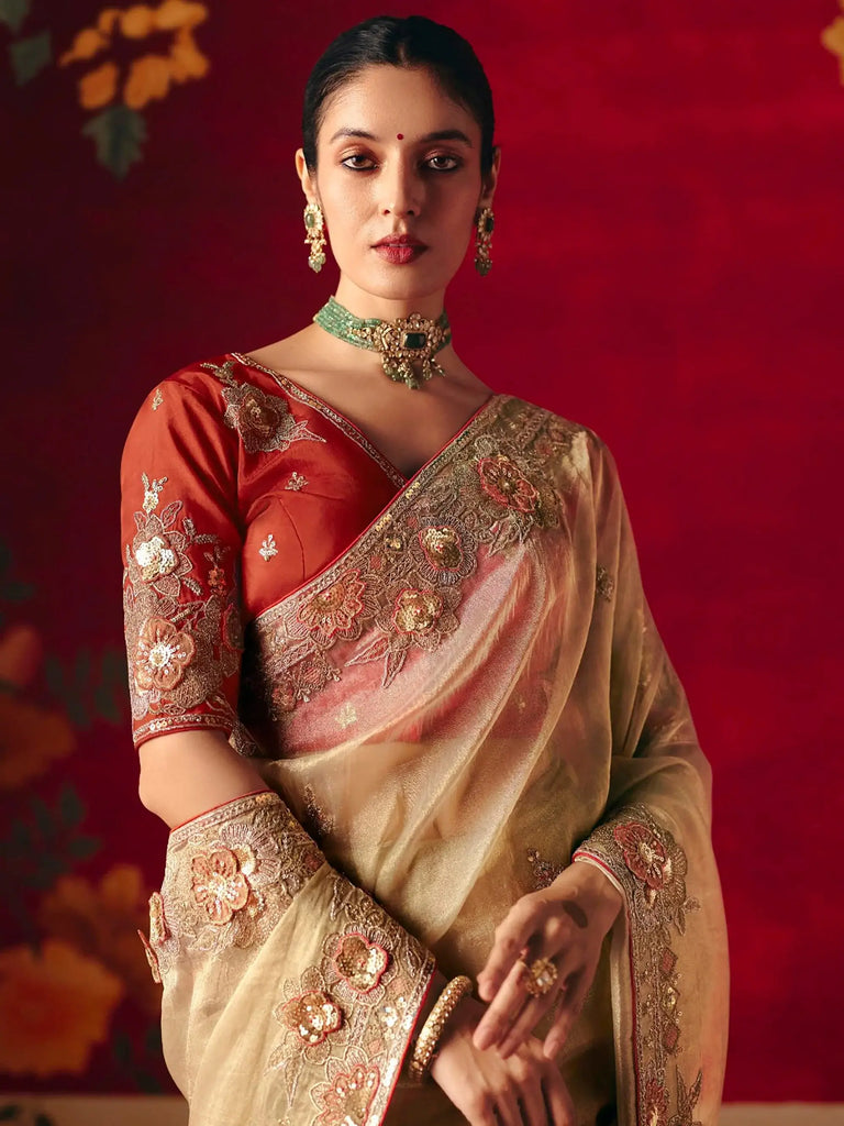 Elegant Beige Embroidered Organza Traditional Wear Saree With Blouse