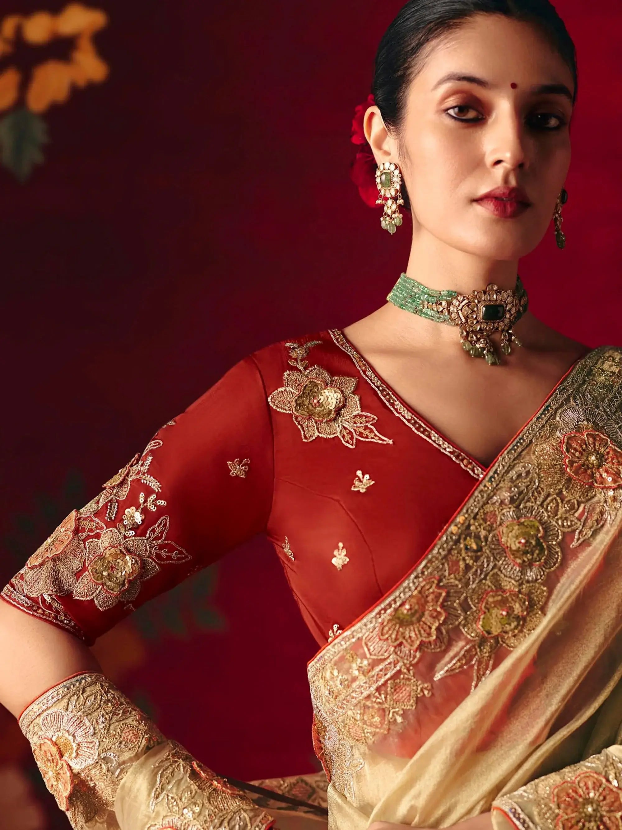 Elegant Beige Embroidered Organza Traditional Wear Saree With Blouse