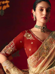 Elegant Beige Embroidered Organza Traditional Wear Saree With Blouse