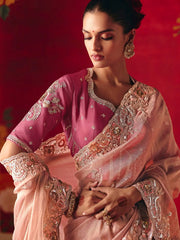 Captivating Pink Embroidered Organza Reception Wear Saree With Blouse