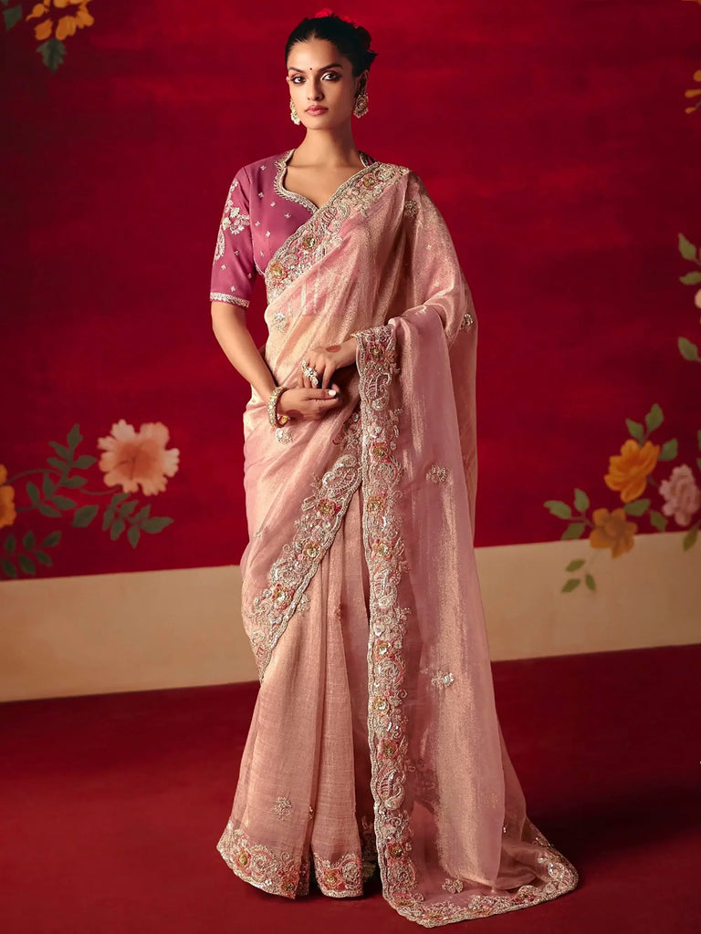 Captivating Pink Embroidered Organza Reception Wear Saree With Blouse