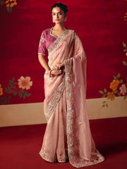 Captivating Pink Embroidered Organza Reception Wear Saree With Blouse