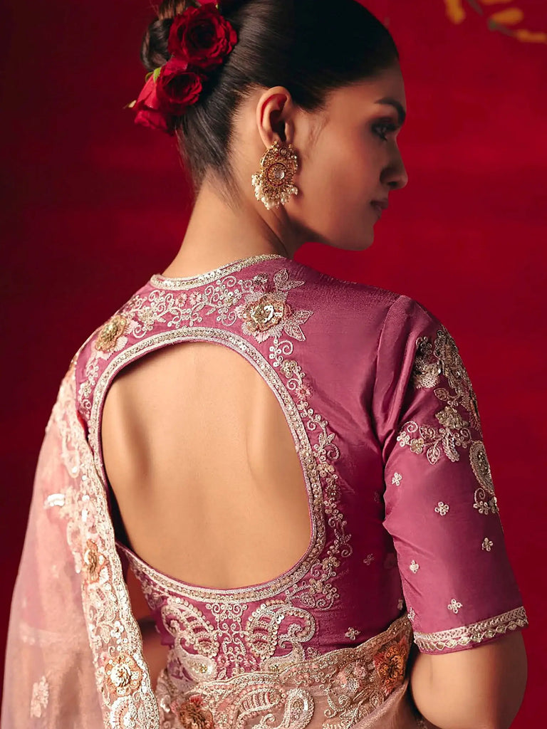 Captivating Pink Embroidered Organza Reception Wear Saree With Blouse