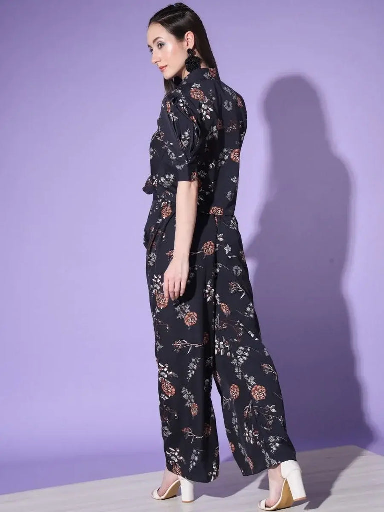 Fashionable Black Floral Printed Platinum Crepe Party Wear Palazzo Top