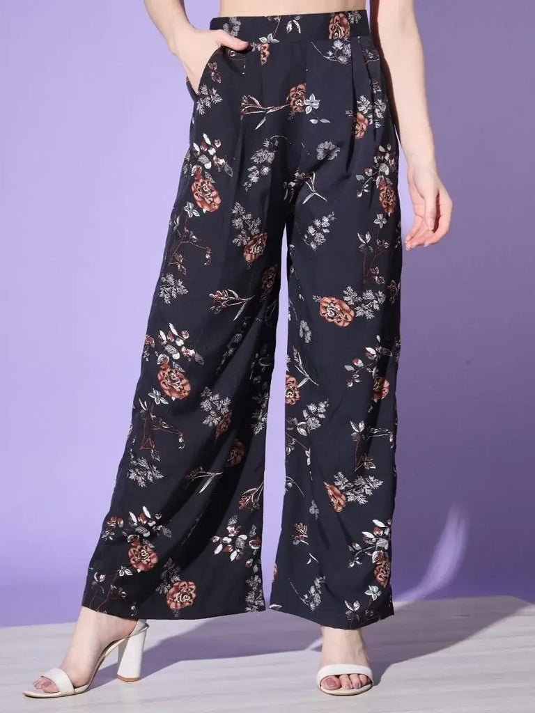 Fashionable Black Floral Printed Platinum Crepe Party Wear Palazzo Top