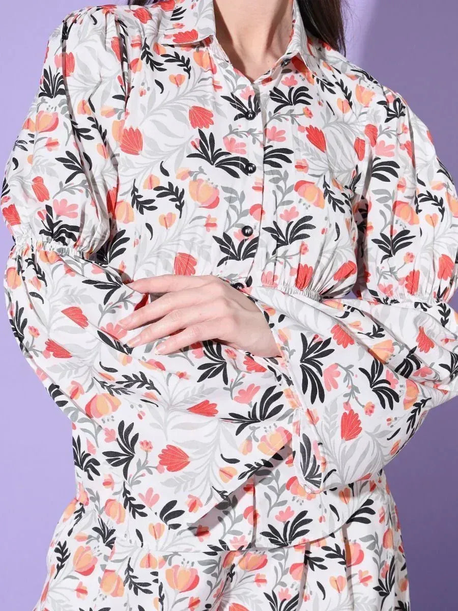 Floral print ethnic gown with puff sleeves and button front, perfect for Indian occasions