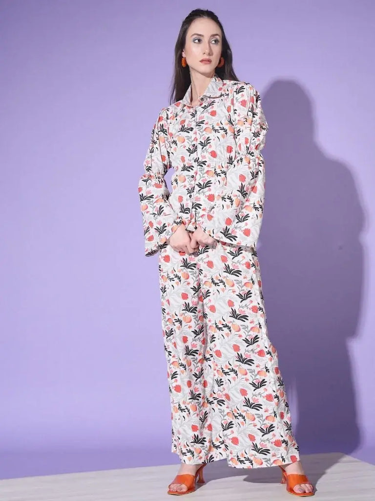 Stylish White Floral Printed Platinum Creap Events Wear Palazzo Top