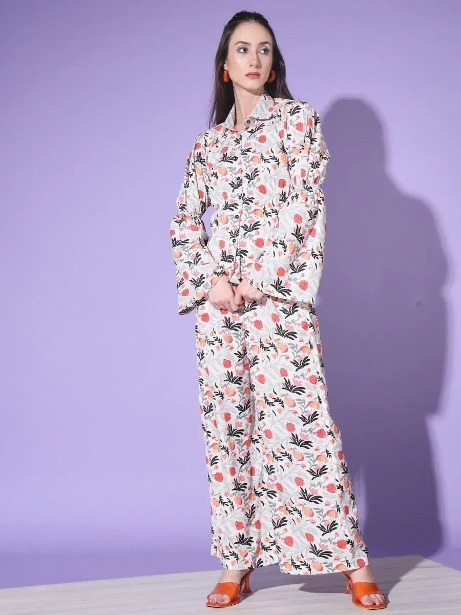 Floral print ethnic palazzo suit with long sleeves, perfect for casual wear or home comfort