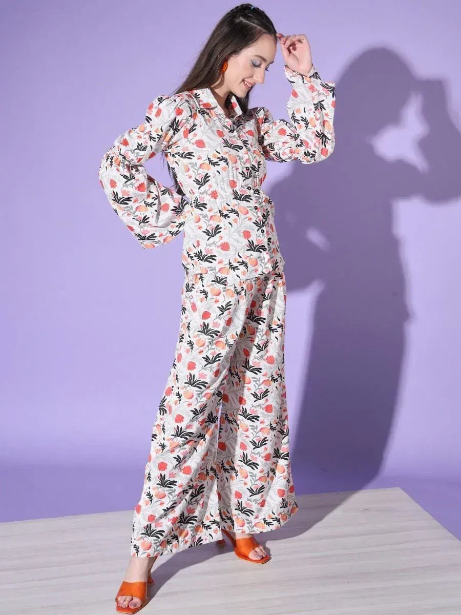 Floral print ethnic palazzo set with bell sleeves, perfect for casual wear or festive occasions.