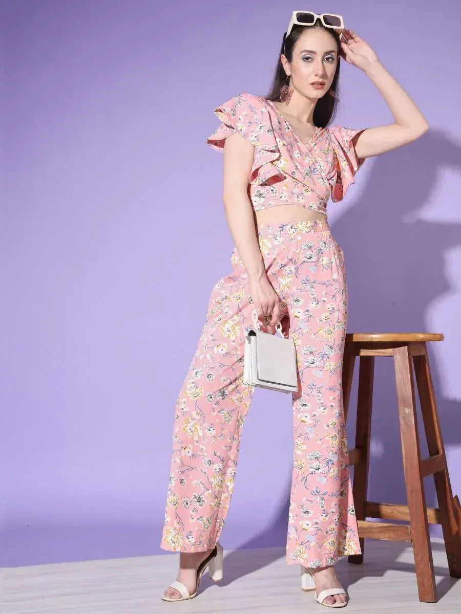 Pink floral ruffle top and palazzo pants set, stylish ethnic wear for women