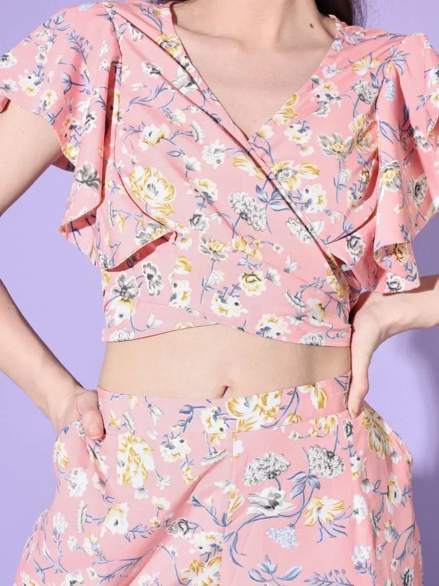 Pink floral wrap top and matching pants, stylish ethnic wear for women