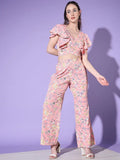 Chic Baby Pink Floral Printed Platinum Crepe Events Wear Palazzo Top