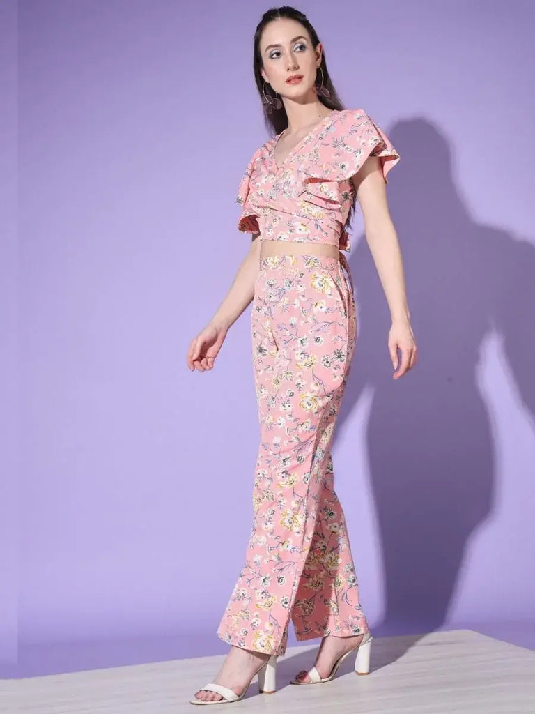 Chic Baby Pink Floral Printed Platinum Crepe Events Wear Palazzo Top