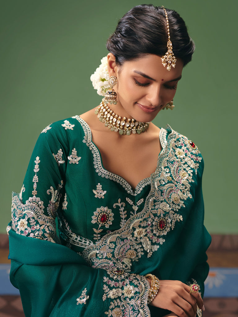 Glamorous Teal Green Moti Work Silk Mehendi Wear Saree With Blouse