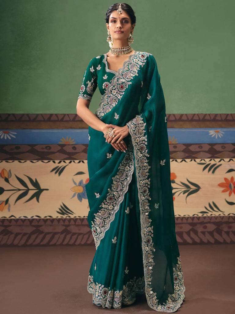 Glamorous Teal Green Moti Work Silk Mehendi Wear Saree With Blouse