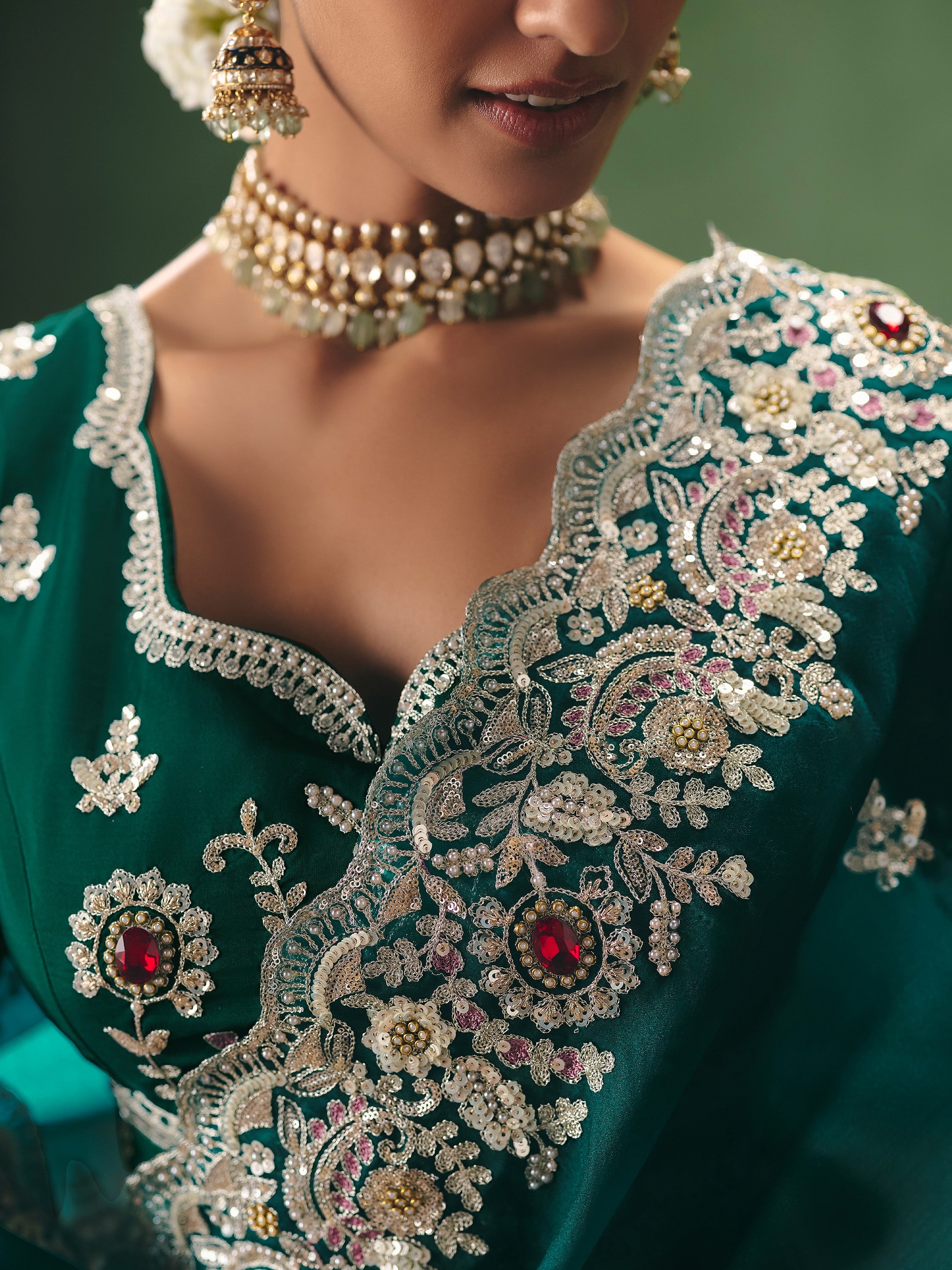 Glamorous Teal Green Moti Work Silk Mehendi Wear Saree With Blouse