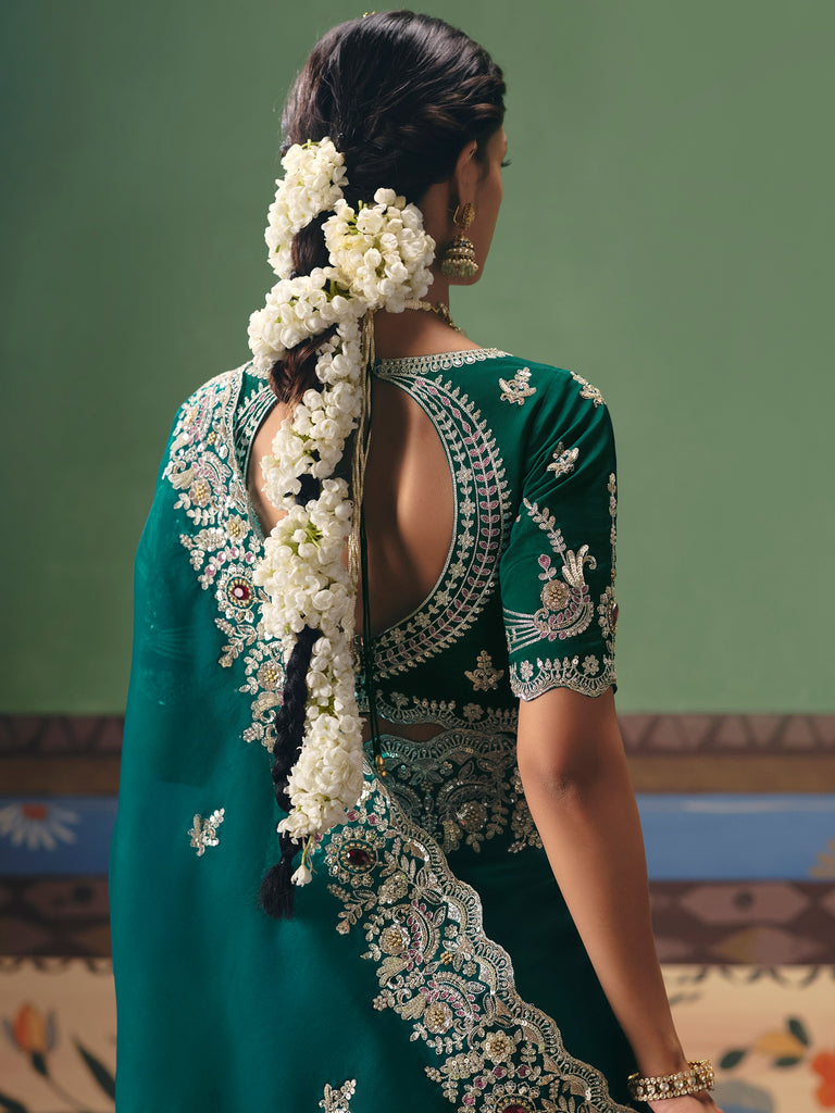 Glamorous Teal Green Moti Work Silk Mehendi Wear Saree With Blouse
