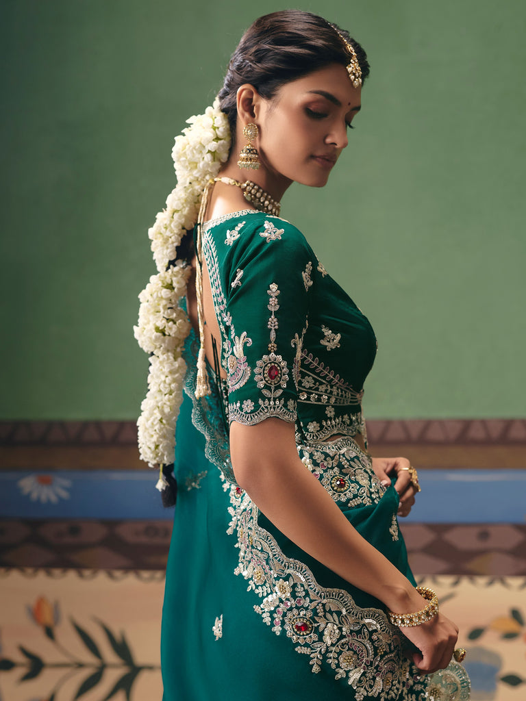 Glamorous Teal Green Moti Work Silk Mehendi Wear Saree With Blouse