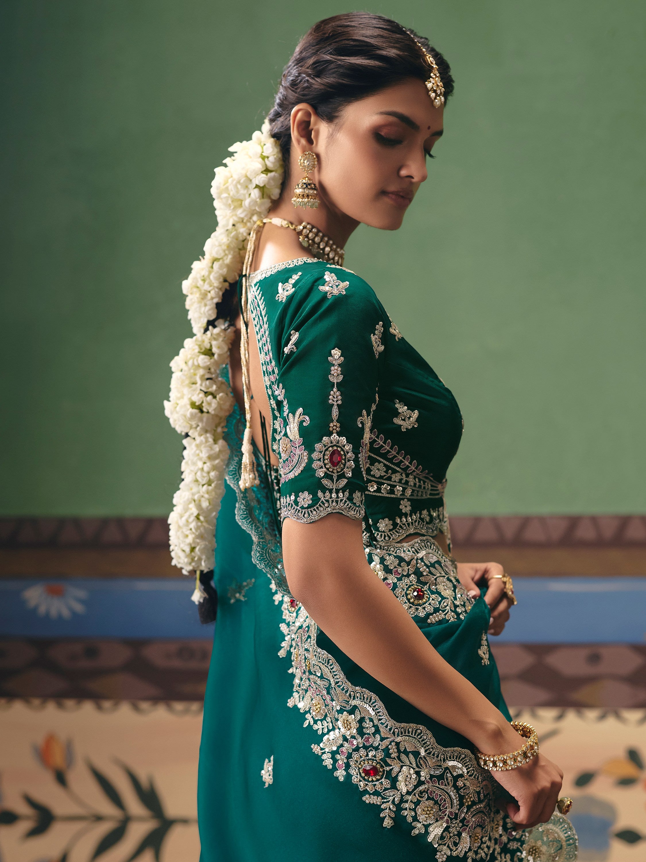 Glamorous Teal Green Moti Work Silk Mehendi Wear Saree With Blouse