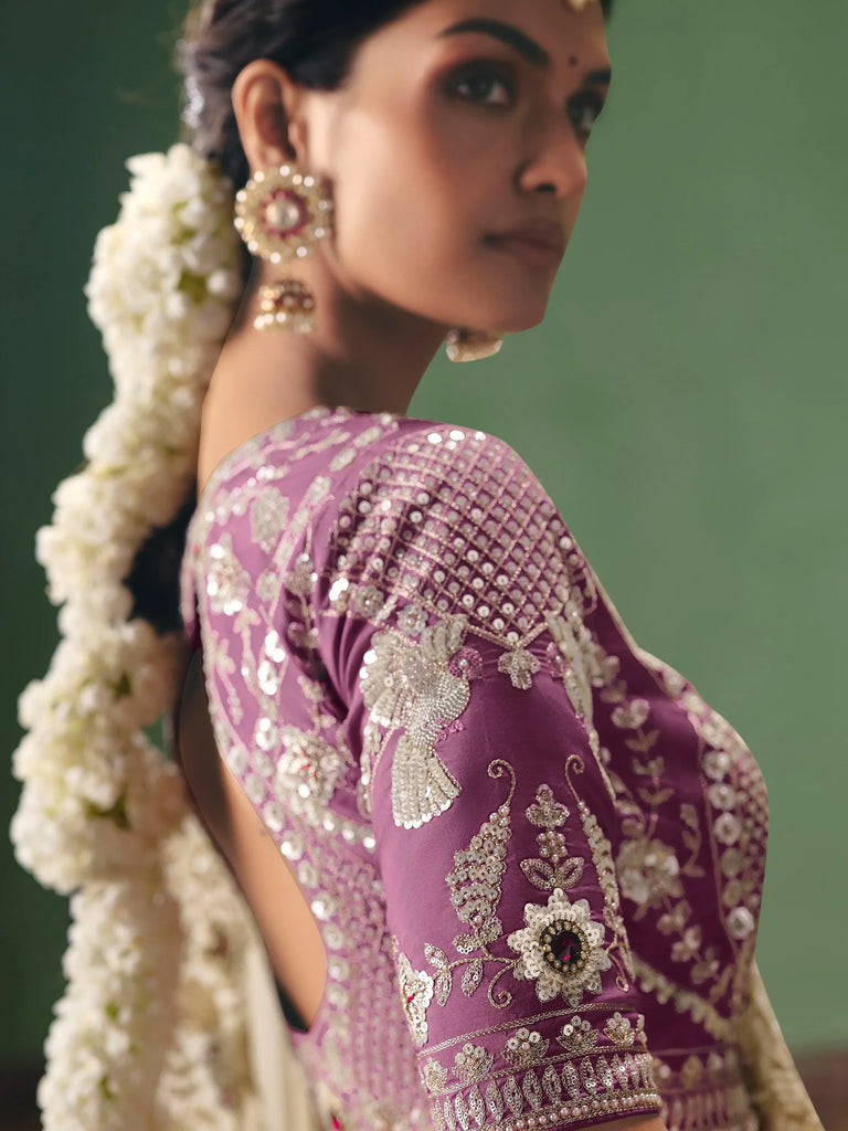 Magnificent Off-White Stone Work Silk Evening Wear Saree With Blouse