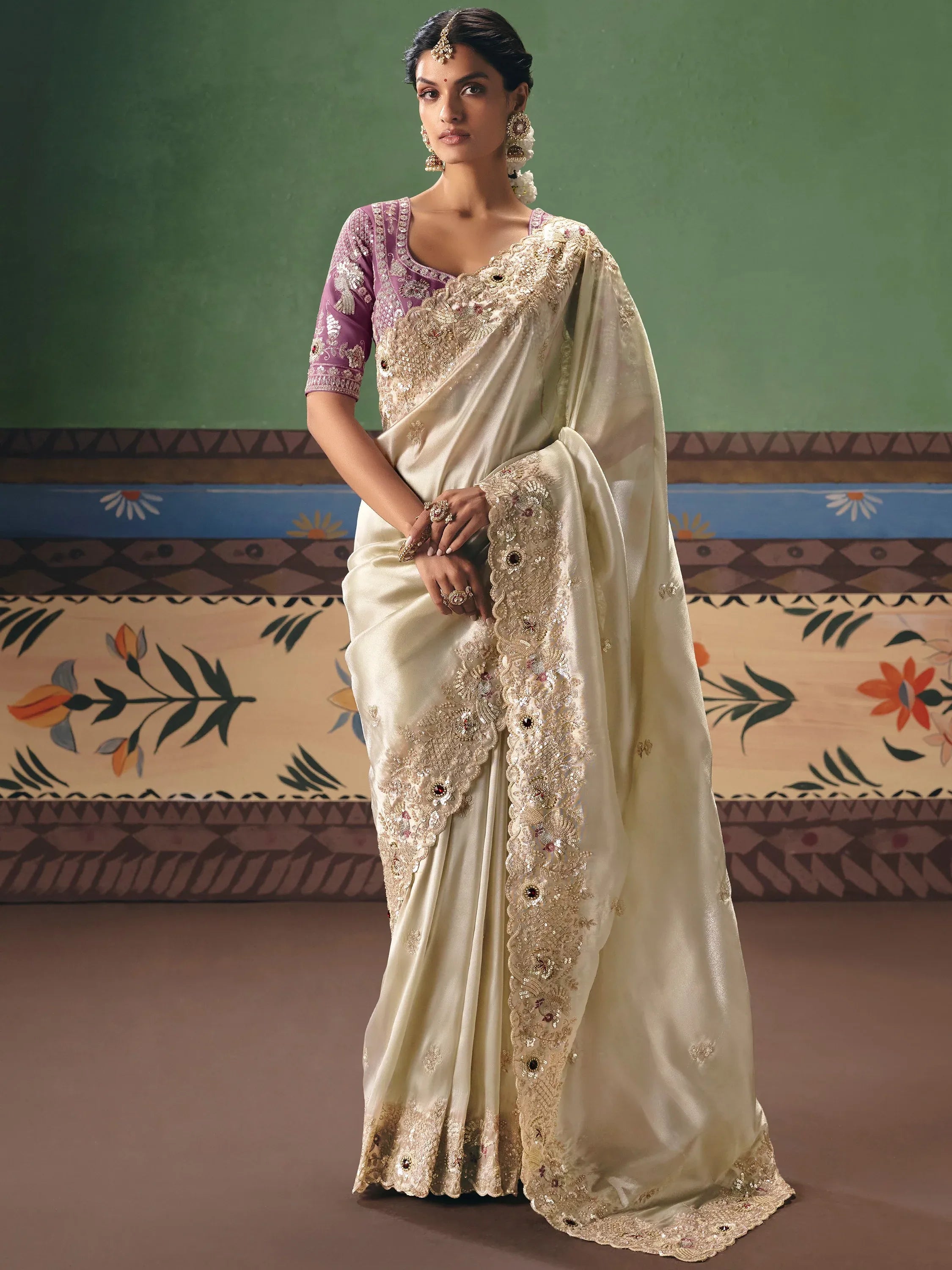 Magnificent Off-White Stone Work Silk Evening Wear Saree With Blouse