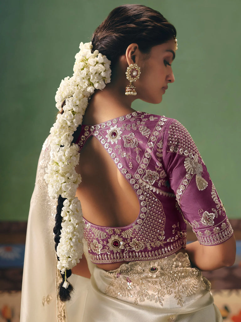 Magnificent Off-White Stone Work Silk Evening Wear Saree With Blouse