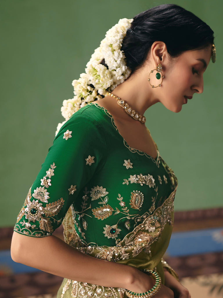 Great Olive Green Heavy Embroidered Silk Mehendi Wear Saree With Blouse