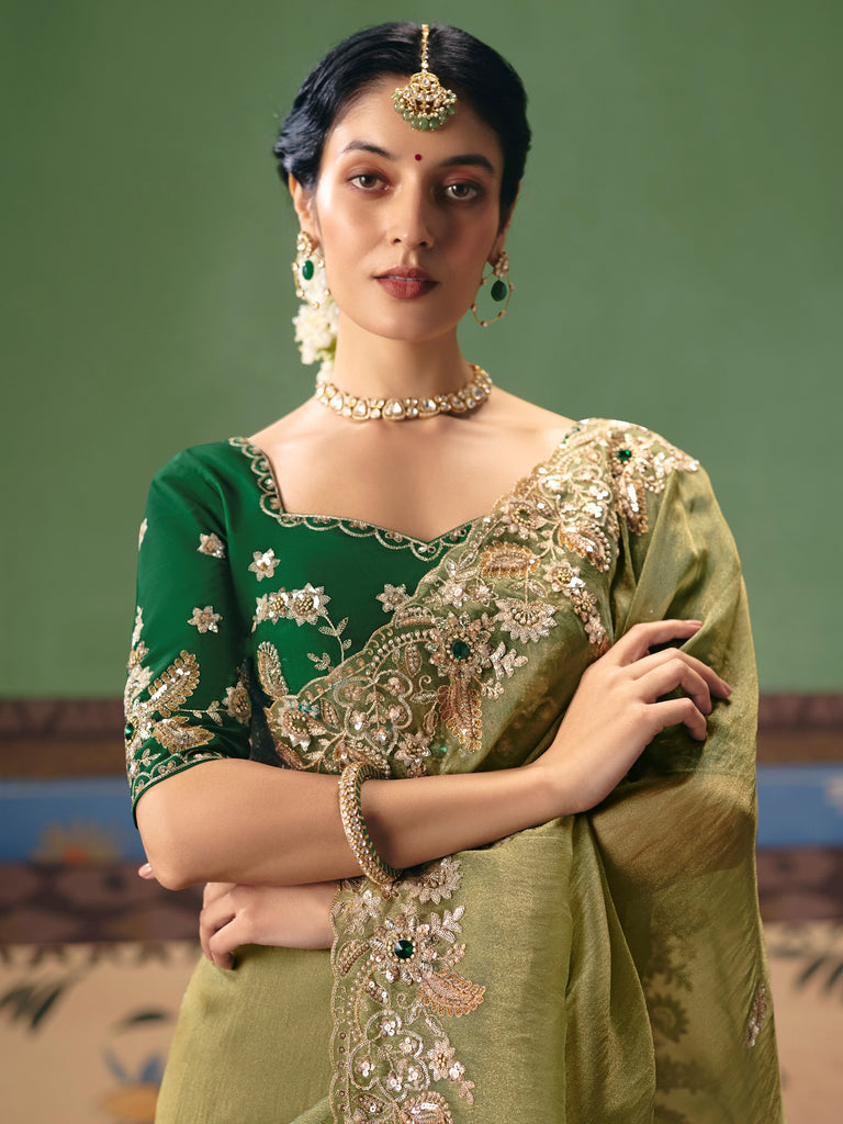 Great Olive Green Heavy Embroidered Silk Mehendi Wear Saree With Blouse