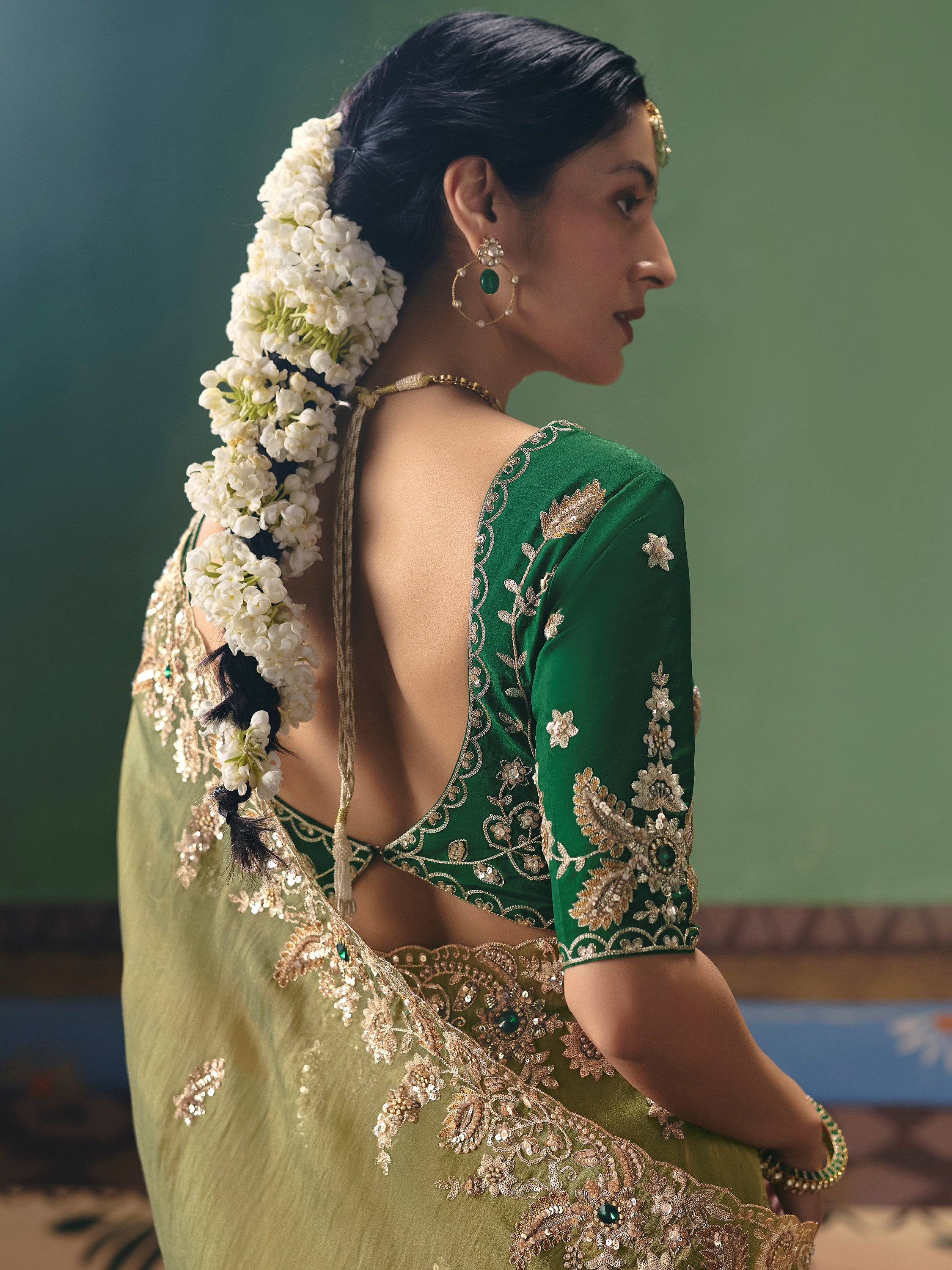 Great Olive Green Heavy Embroidered Silk Mehendi Wear Saree With Blouse