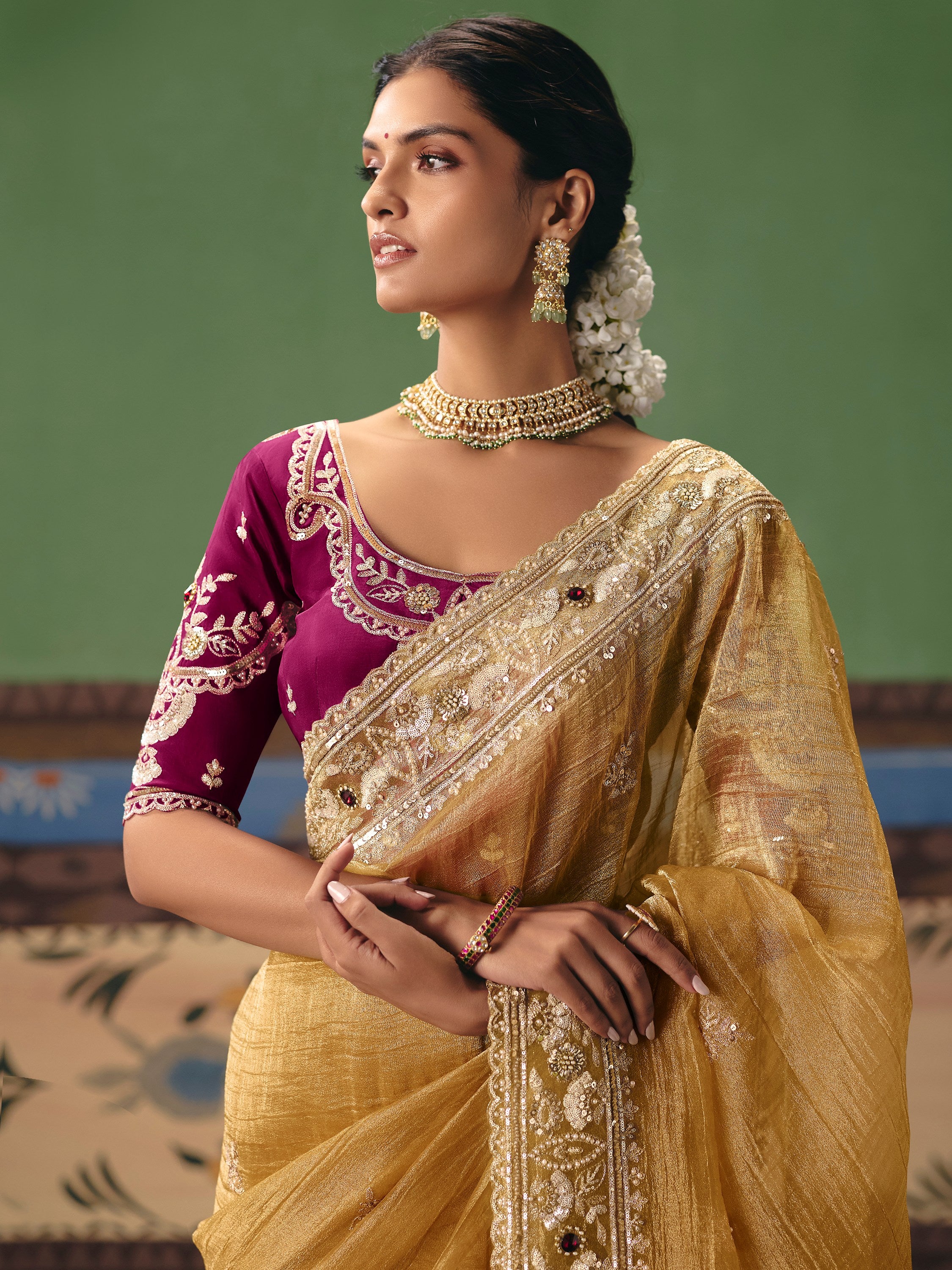 Impressive Golden Sequins Silk Party Wear Saree With Blouse