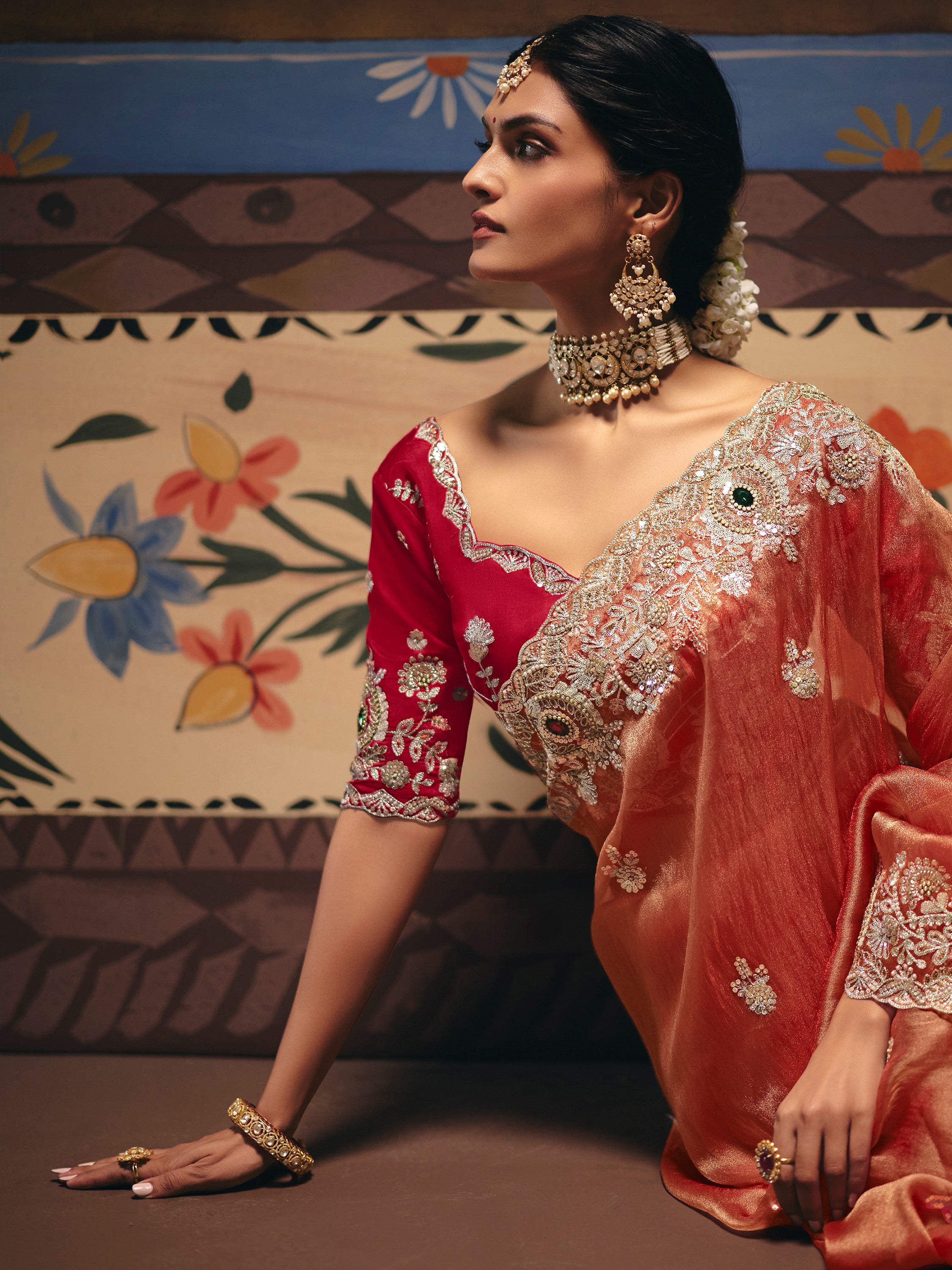 Stunning Orange Stone Work Silk Event Wear Saree With Blouse