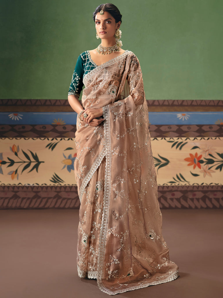 Wonderful Beige Dori Embroidery Silk Marriage Wear Saree With Blouse
