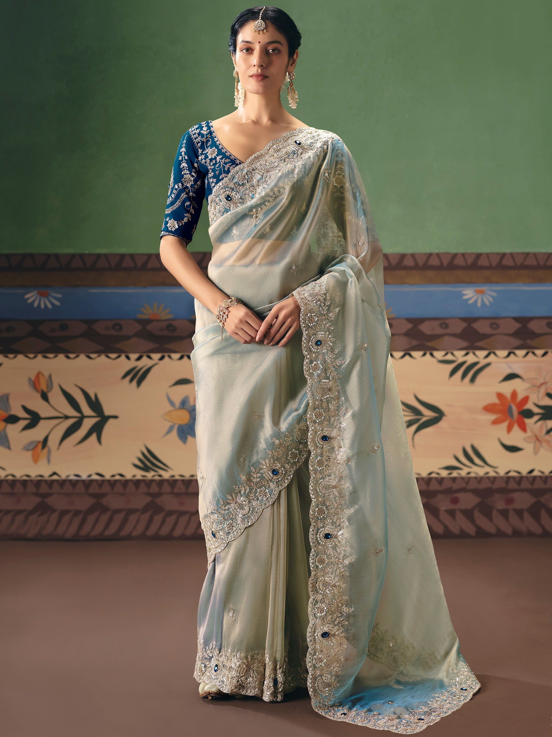 Super Mint Green Embroidered Silk Engagement Wear Saree With Blouse