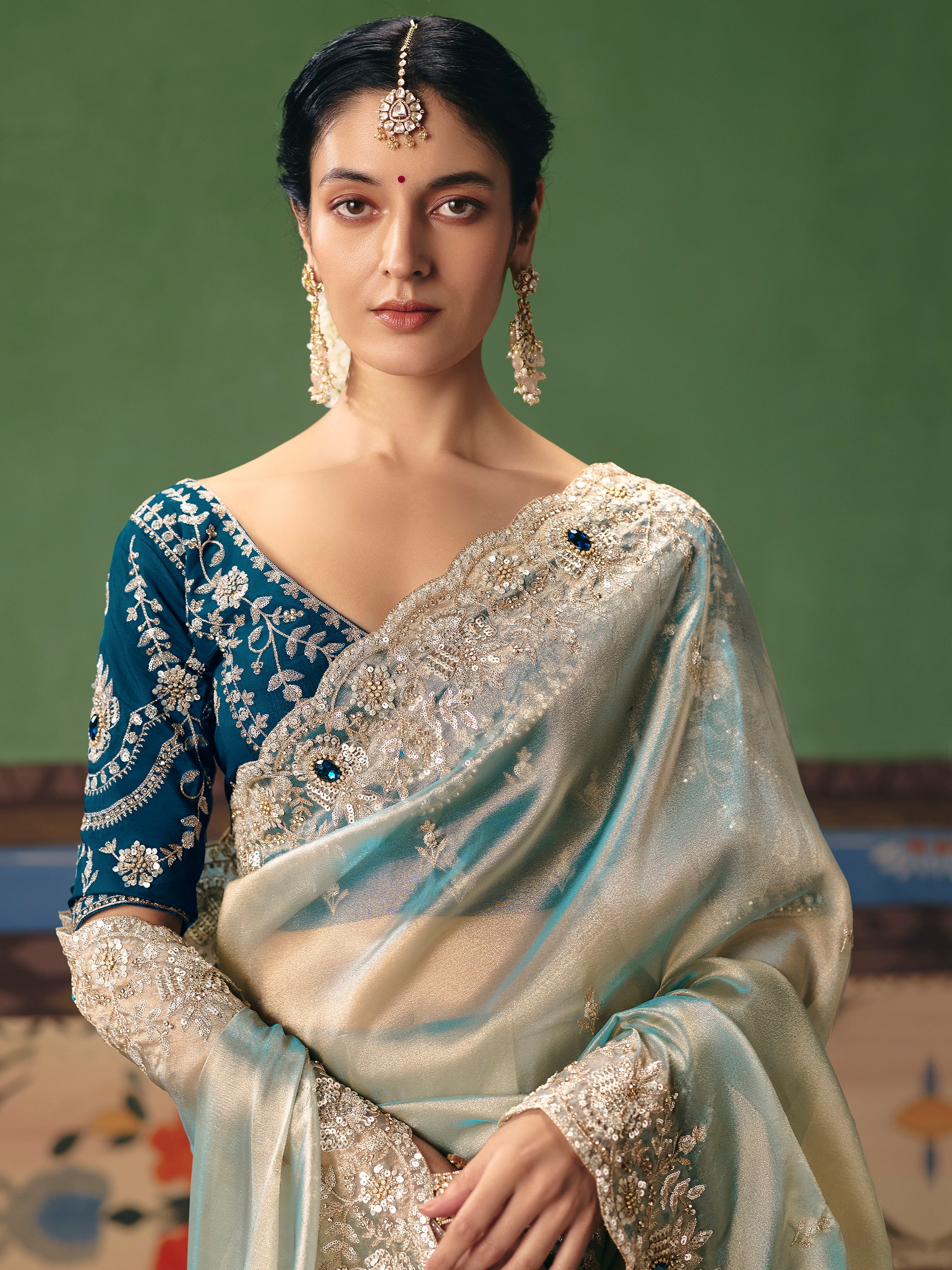 Super Mint Green Embroidered Silk Engagement Wear Saree With Blouse