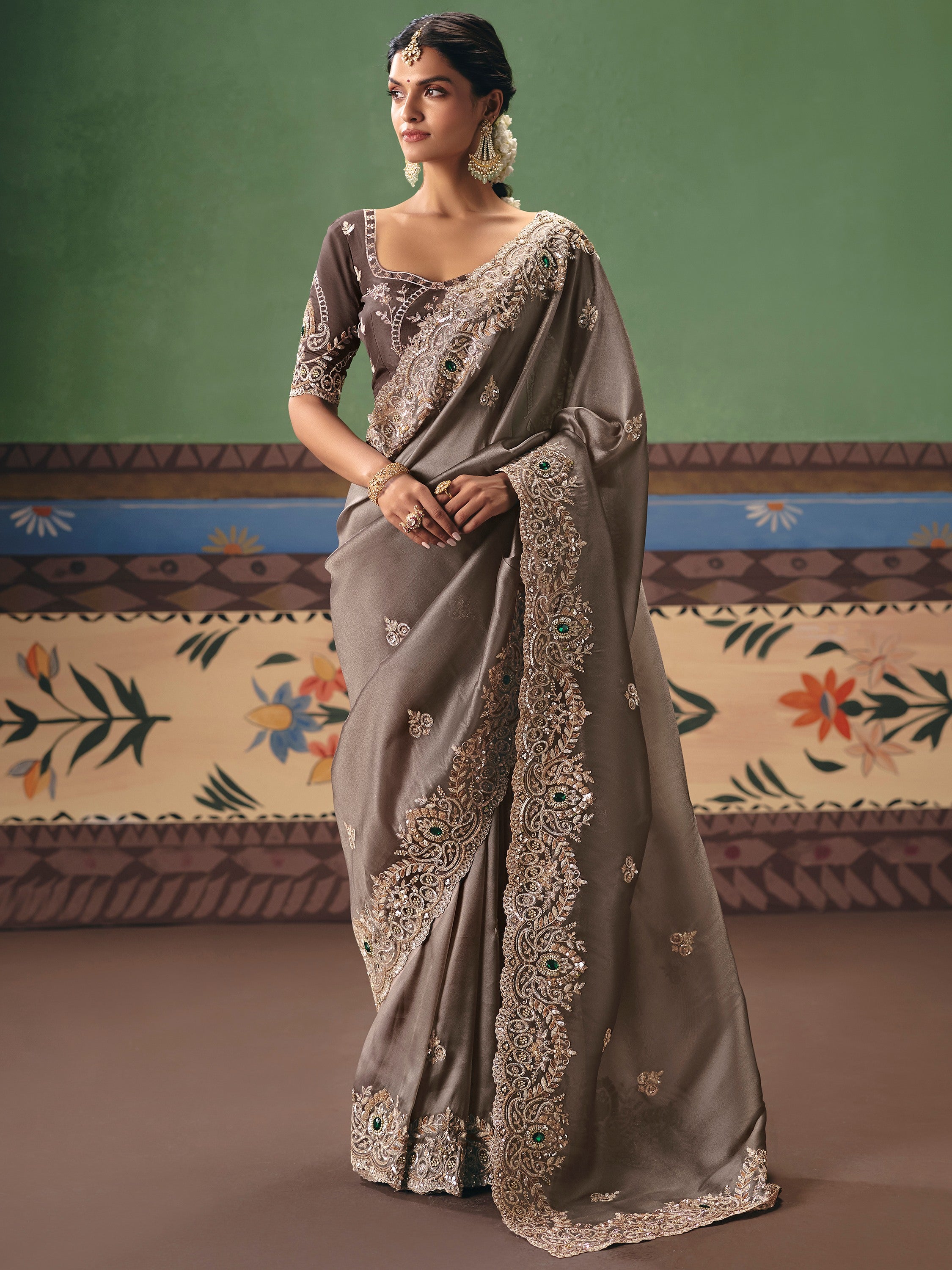 Tremendous Gray Stone Embroidery Silk Reception Wear Saree With Blouse