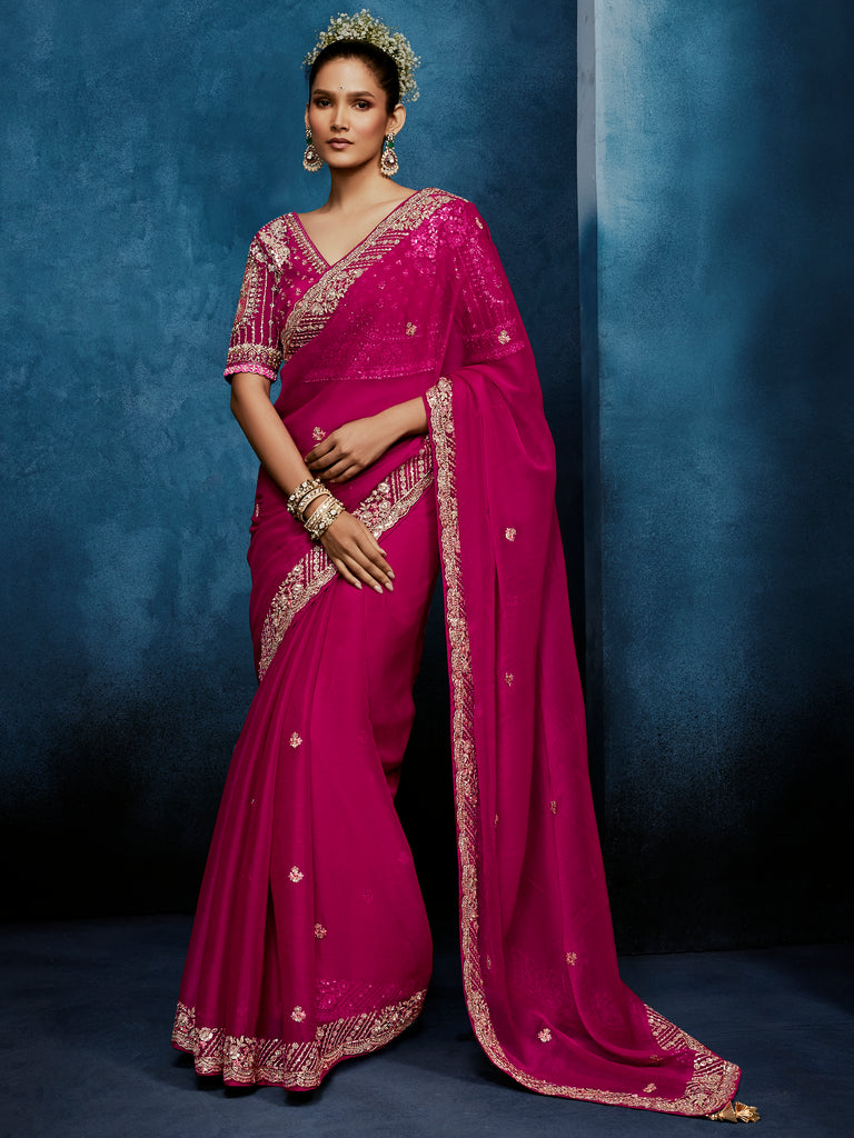 Impressive Rani Pink Khatli Work Silk Wedding Wear Saree With Blouse