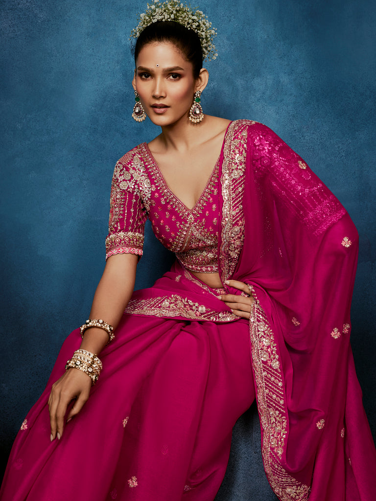 Impressive Rani Pink Khatli Work Silk Wedding Wear Saree With Blouse