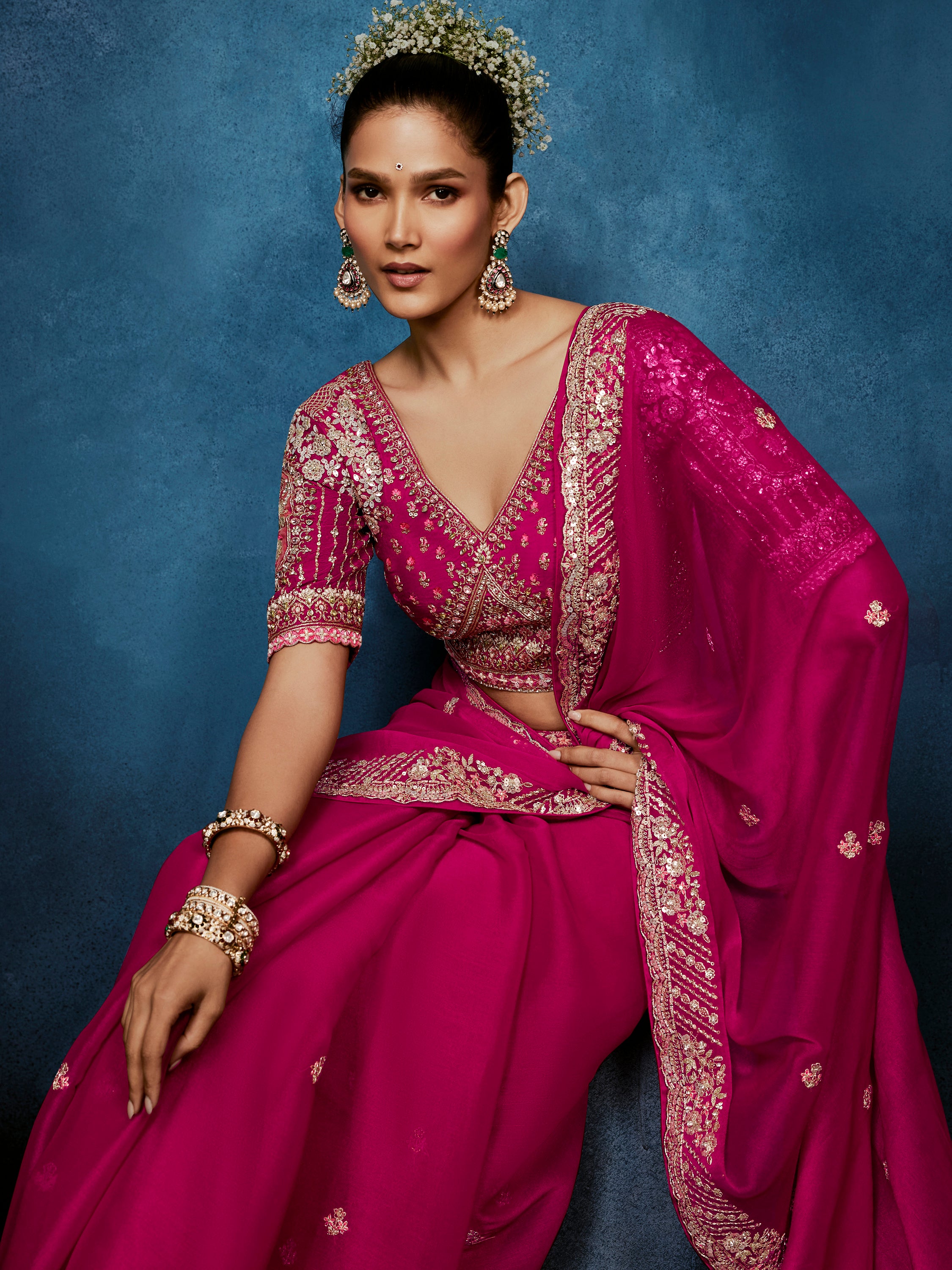 Impressive Rani Pink Khatli Work Silk Wedding Wear Saree With Blouse