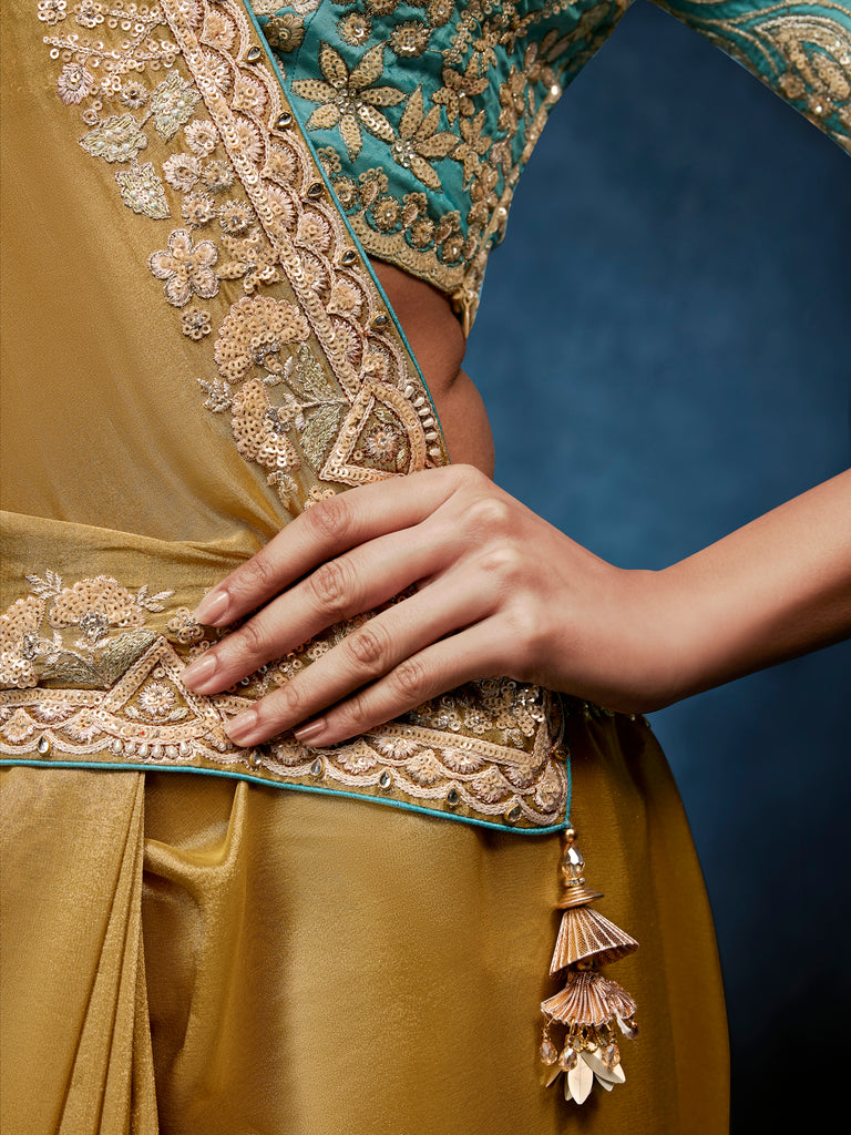 Gorgeous Golden Hand Embroidery Silk Event Wear Saree With Blouse