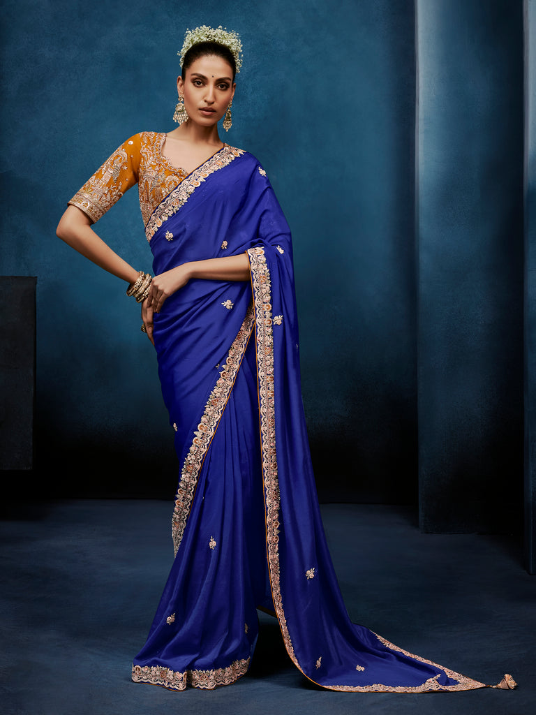 Noteworthy Blue Sequins Silk Traditional Saree With Blouse