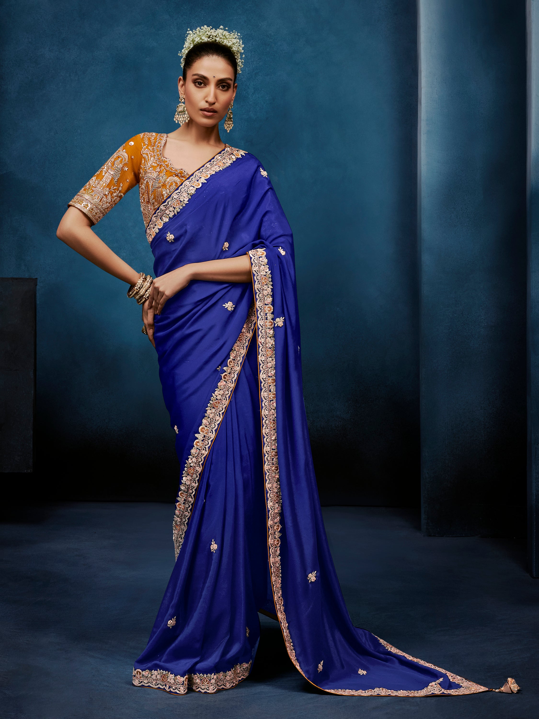 Noteworthy Blue Sequins Silk Traditional Saree With Blouse