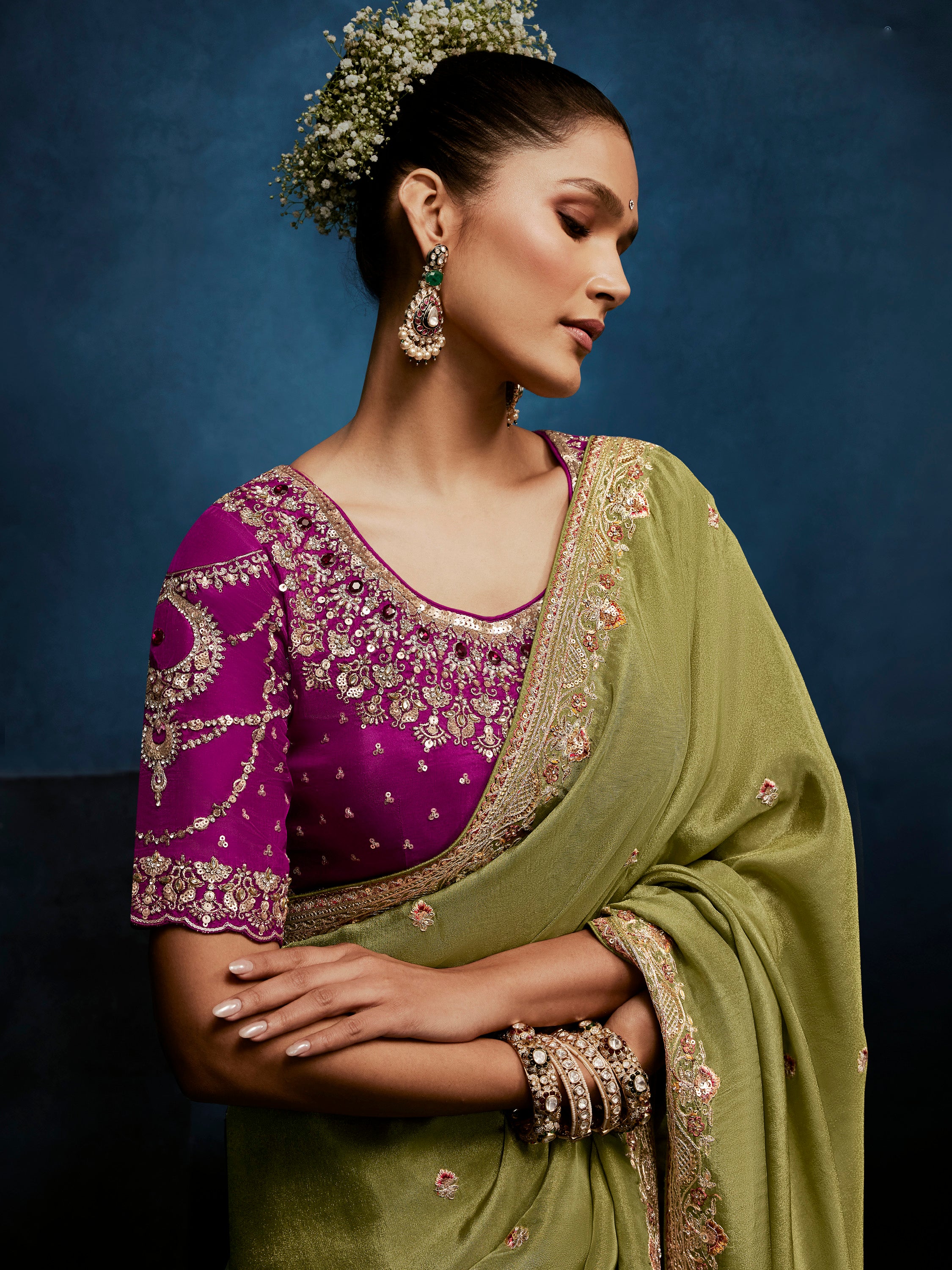 Dazzling Olive Green Embroidered Silk Mehendi Wear Saree With Blouse