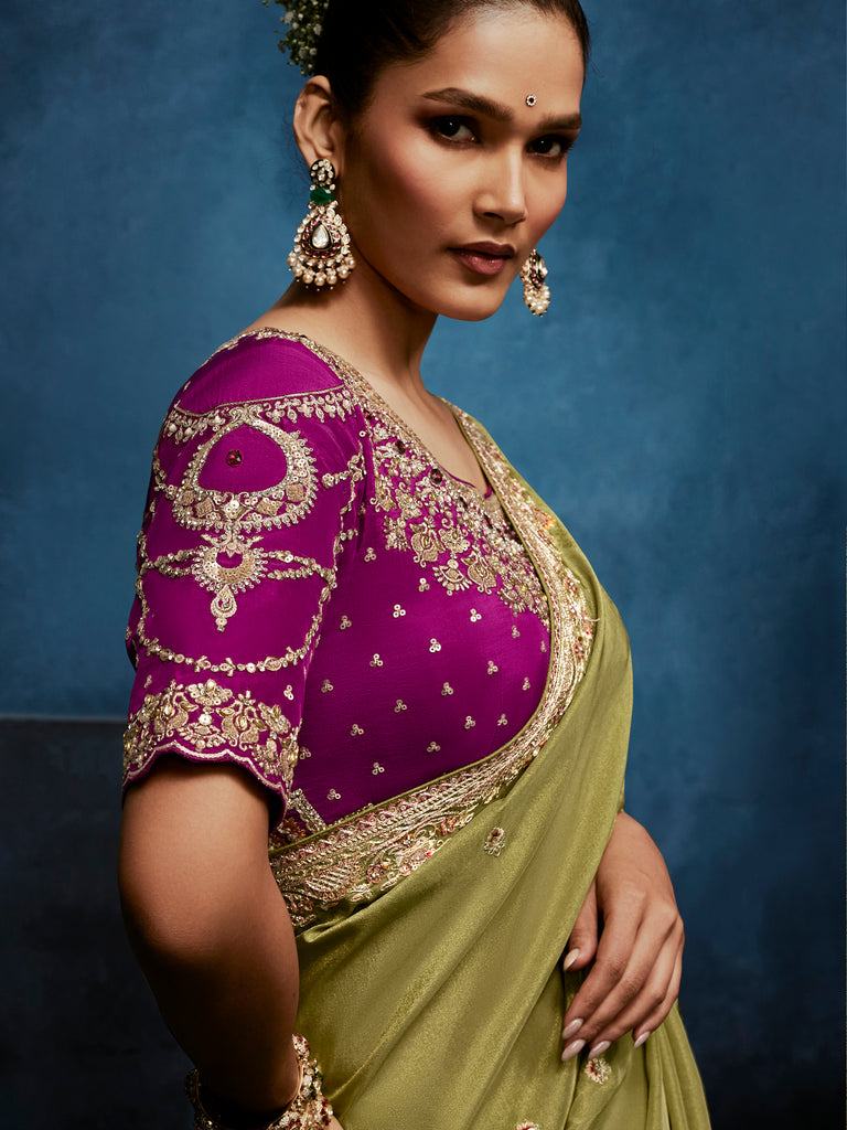 Dazzling Olive Green Embroidered Silk Mehendi Wear Saree With Blouse