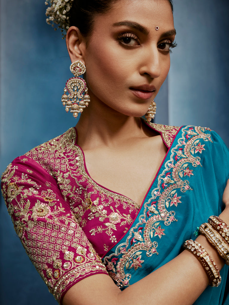 Attractive Teal Blue Khatli Work Silk Function Wear Saree With Blouse