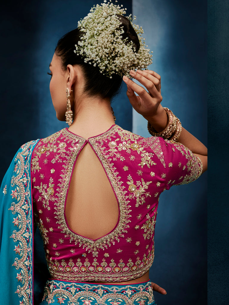 Attractive Teal Blue Khatli Work Silk Function Wear Saree With Blouse
